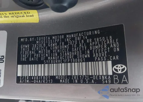 2015 Toyota Corolla Le Plus z USA, uszkodzony, nr VIN 5YFBURHE1FP190861